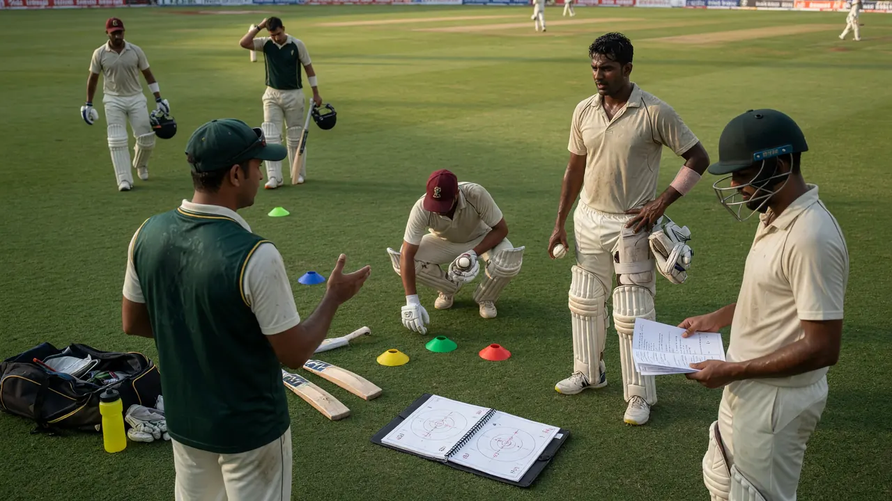 Cricket players and a coach on the outfield around colored cones, bats and a fielding chart during a tactical drill