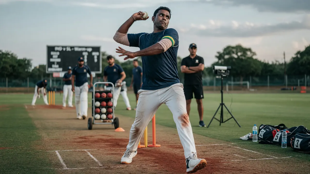 Pace bowler in a navy training shirt mid-delivery on a practice pitch during a warm-up session with teammates and a ball trolley behind him