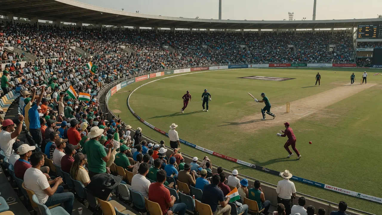 Wide packed cricket stadium during a one-day international with a batter in green driving, maroon fielders, and spectators waving India flags