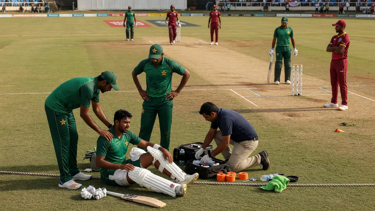 Test cricketers and support staff gathered on the outfield discussing field placements with stumps and training gear nearby